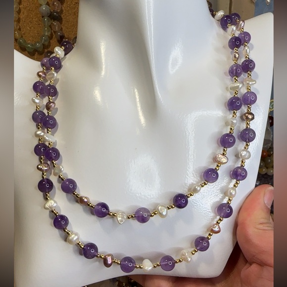 Pearl Jewelry - Elegant Amethyst and Freshwater Pearl Beaded Sweater Necklace